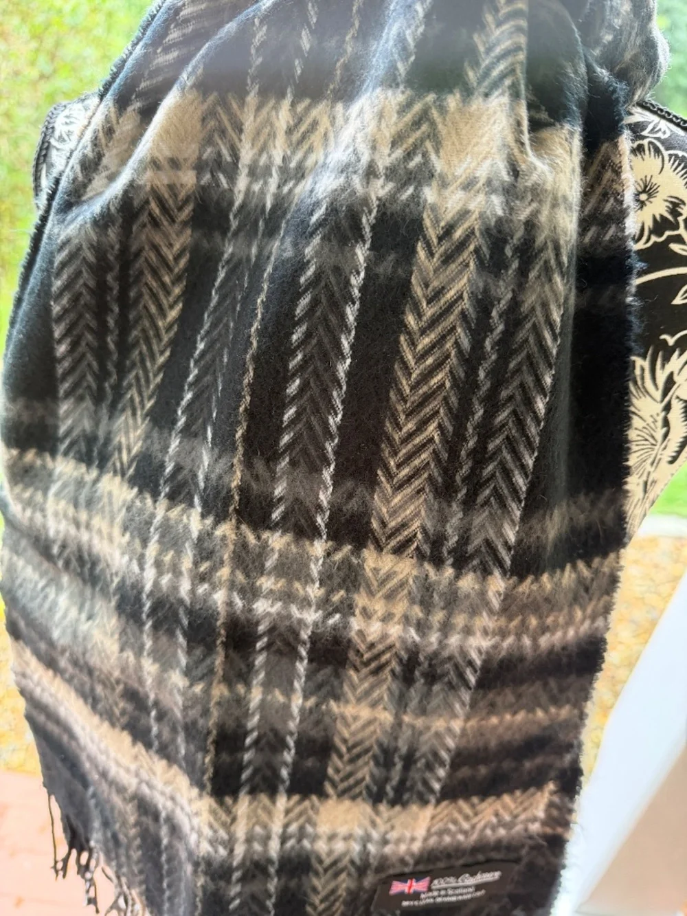 Vintage 100% Cashmere Scarf Made in Scotland Black Gray Herringbone Plaid Fringe